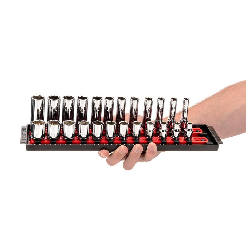 Juego de dados de 6 puntos de unidad de 3/8 pulgadas TEKTON con rieles (5/16-3/4 pulg., 8 mm-19 mm) (42 piezas) - SHD91218