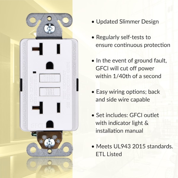 Tomacorriente GFCI de autoevaluación de 20A, receptáculo GFI, blanco, paquete de 3 - GLS-20A-WH-03