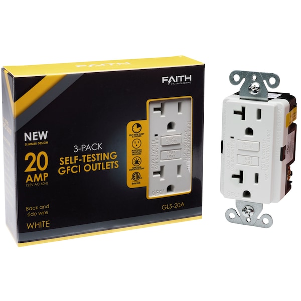 Tomacorriente GFCI de autoevaluación de 20A, receptáculo GFI, blanco, paquete de 3 - GLS-20A-WH-03