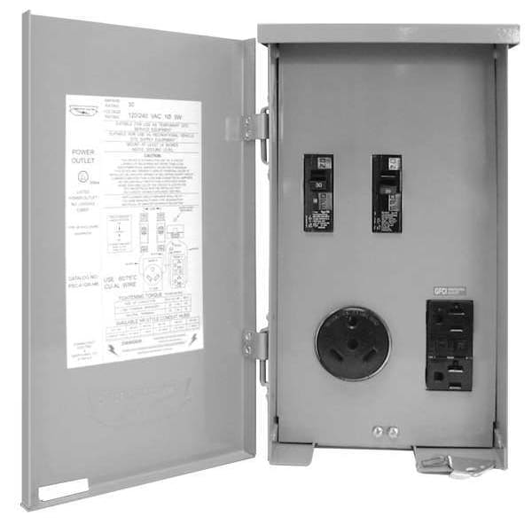 Conector de tierra montado en superficie para exteriores con GFCI con cable duro, 30 A, 120/240V AC, monofásico, NEMA 3R, 3 salidas - CESMPSC41GRHR