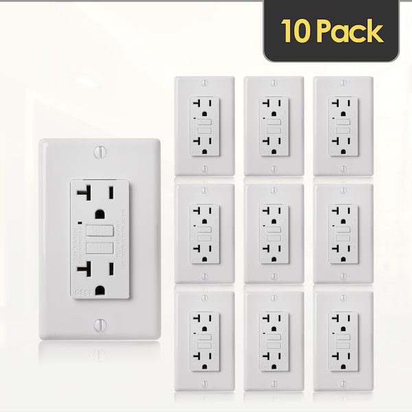 Tomacorriente GFCI de Autoprueba 20A con Placa de Pared, Blanco, Paquete de 10 - GLS-20A-WH-10