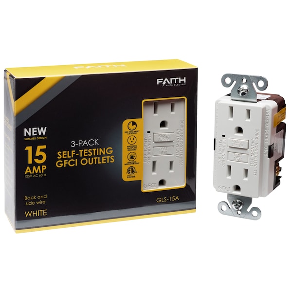 Tomacorriente GFCI autoprueba de 15A, Toma corriente GFI, Blanco, paquete de 3 - GLS-15A-WH-03