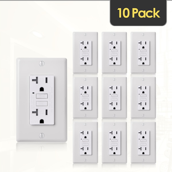 Toma de corriente GFCI con prueba automática de 20A y placa de pared, blanco, paquete de 10 - GLS-20ATR-WH-10