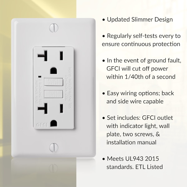 Toma de corriente GFCI con prueba automática de 20A y placa de pared, blanco, paquete de 10 - GLS-20ATR-WH-10