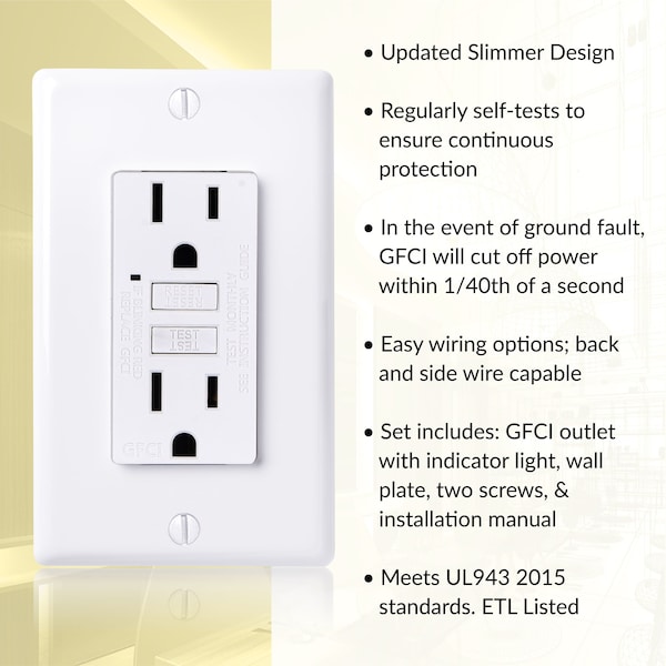 Toma de corriente GFCI de autoevaluación de 15A con placa de pared, blanca, paquete de 10 - GLS-15A-WH-10