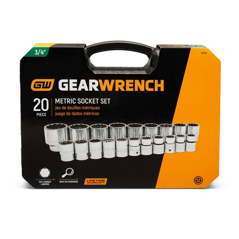 Juego de dados estándar métricos de 12 puntos de 3/4 de pulgada de unidad de GEARWRENCH (20 piezas) - 80845