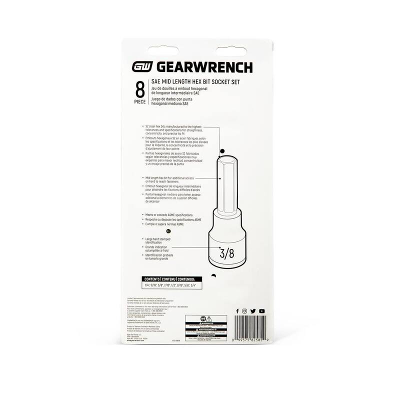 Juego de 8 llaves de vaso hexagonales de longitud media para unidad de 1/2 pulgadas en medidas estándar SAE de GEARWRENCH - 82585