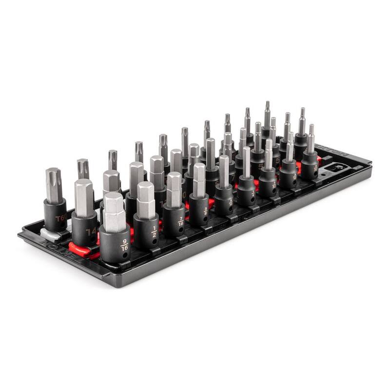 Juego de puntas de impacto para tuercas hexagonales/Torx de 3/8 pulg. TEKTON con rieles, 32 piezas (5/32-9/16 in., 4-14 mm, T20-T60) - SIB91202