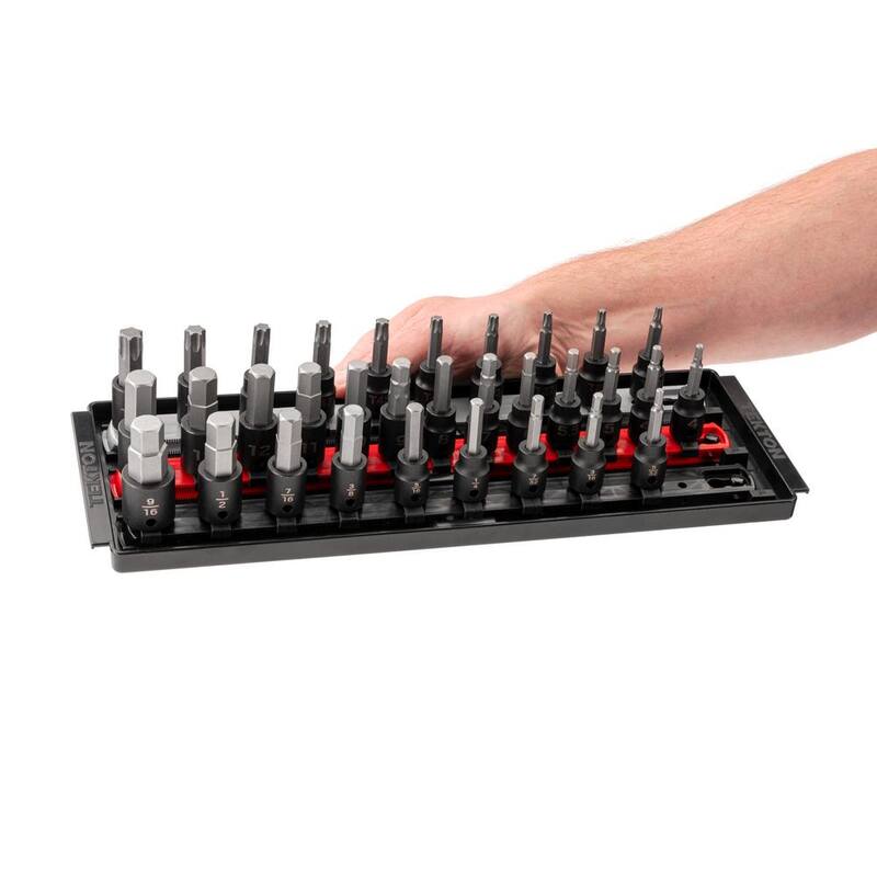 Juego de puntas de impacto para tuercas hexagonales/Torx de 3/8 pulg. TEKTON con rieles, 32 piezas (5/32-9/16 in., 4-14 mm, T20-T60) - SIB91202