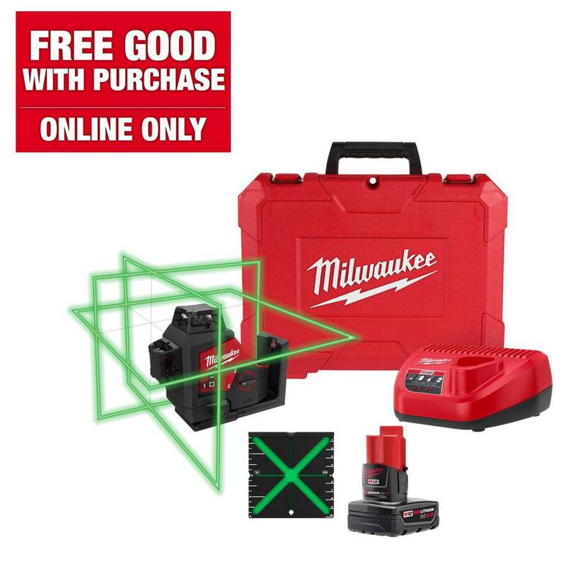 Milwaukee M12 12-Volt Lithium-Ion Cordless Green 250 ft. 3-Plane Laser Level Kit con una batería de 4.0 Ah, cargador y estuche - 3632-21