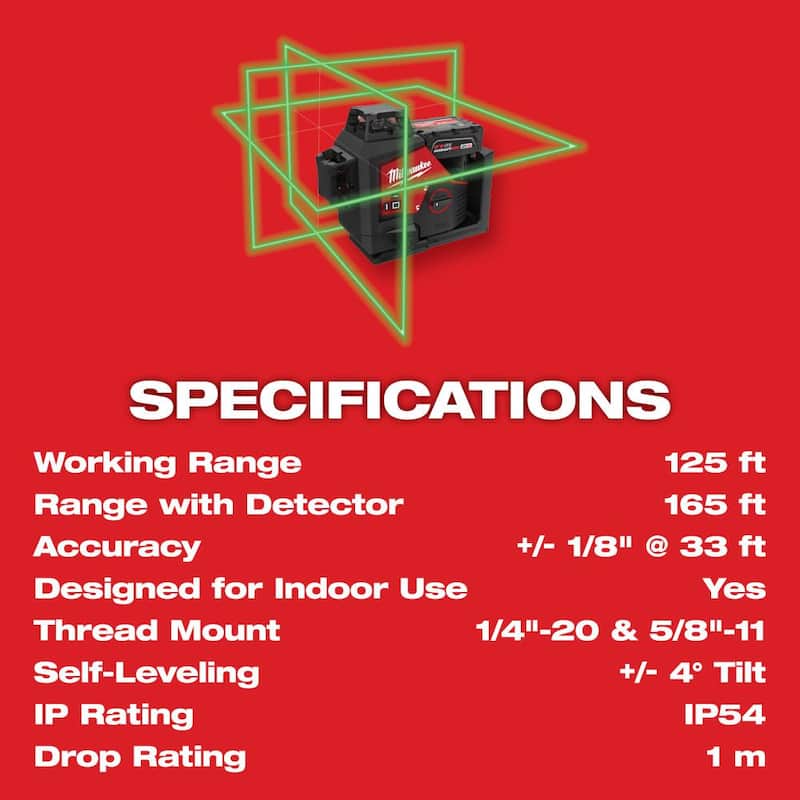 Milwaukee M12 12-Volt Lithium-Ion Cordless Green 250 ft. 3-Plane Laser Level Kit con una batería de 4.0 Ah, cargador y estuche - 3632-21