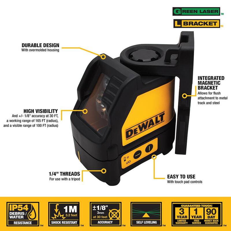 Nivel láser de líneas cruzadas autonivelante verde de 100 pies DEWALT con (3) baterías AA y estuche - DW088CG
