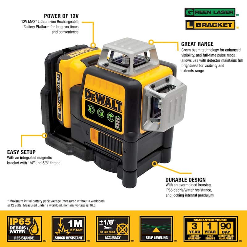 Nivel láser de 3 rayos verdes autonivelante de 360 grados DEWALT 12V MAX de ion de litio de 100 pies con batería de 2.0Ah, cargador y estuche - DW089LG