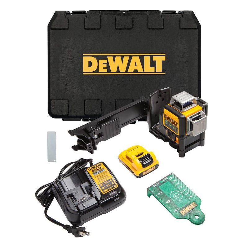 Nivel láser de 3 rayos verdes autonivelante de 360 grados DEWALT 12V MAX de ion de litio de 100 pies con batería de 2.0Ah, cargador y estuche - DW089LG