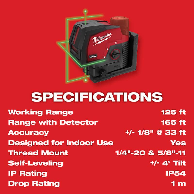 Nivel láser de línea cruzada y puntos de plomada Milwaukee M12 de 12 voltios de 125 pies inalámbrico de ion de litio verde (solo herramienta) - 3622-20