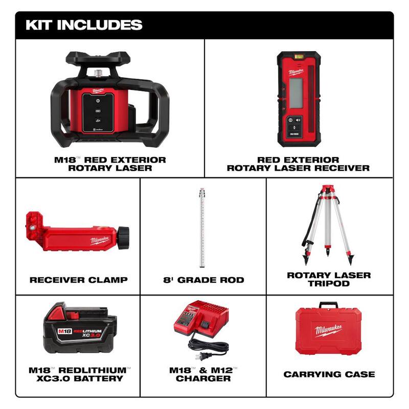 Milwaukee M18 2000 pies Nivel Láser Rotatorio Exterior Rojo Kit con Receptor, Abrazadera de Receptor, Trípode y Barra de Grado - 3701-21T