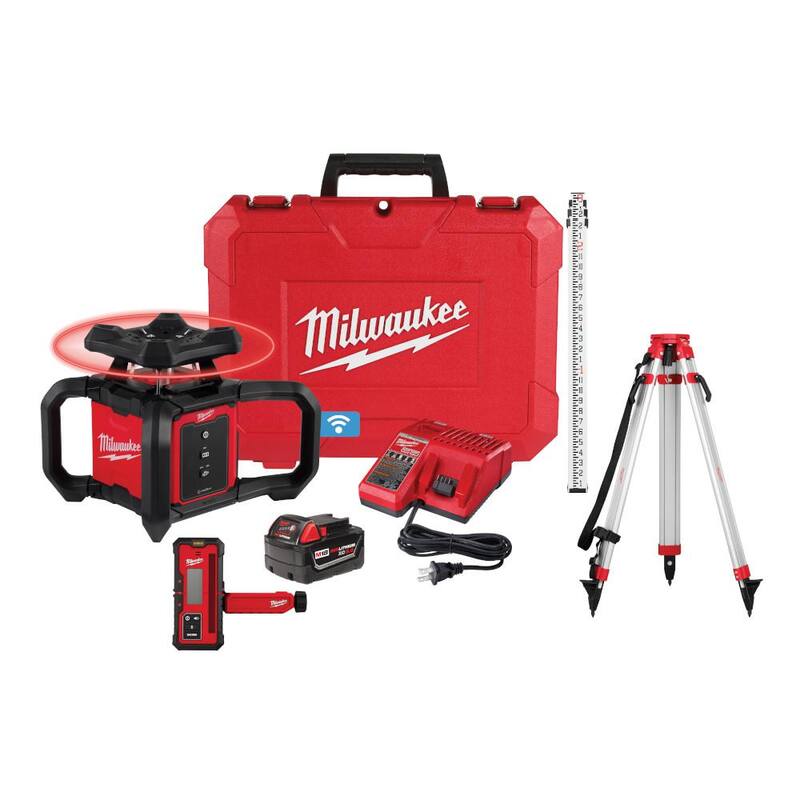 Milwaukee M18 2000 pies Nivel Láser Rotatorio Exterior Rojo Kit con Receptor, Abrazadera de Receptor, Trípode y Barra de Grado - 3701-21T