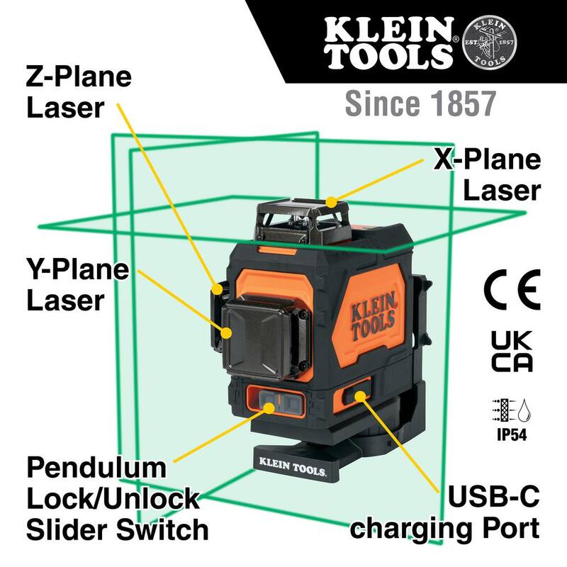 Nivel láser plano recargable autonivelante verde de Klein Tools con estuche de transporte resistente- 93PLL
