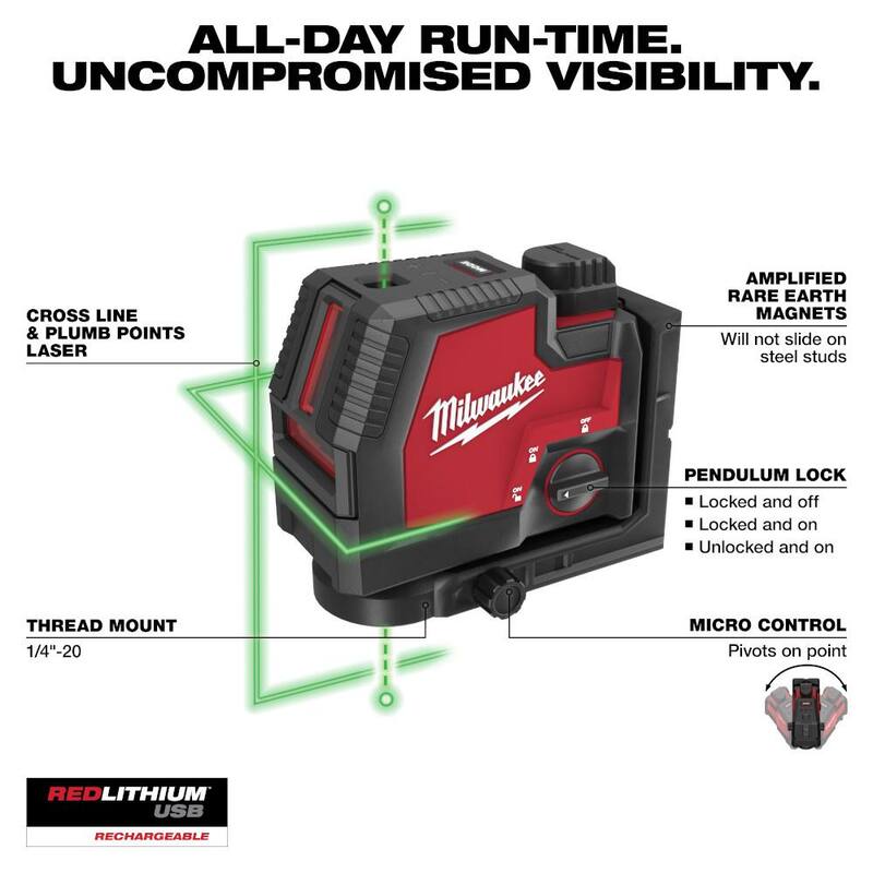 Nivel láser recargable Milwaukee Green de 100 pies con líneas cruzadas y puntos de plomada, batería USB REDLITHIUM de ion de litio y cargador - 3522-21.