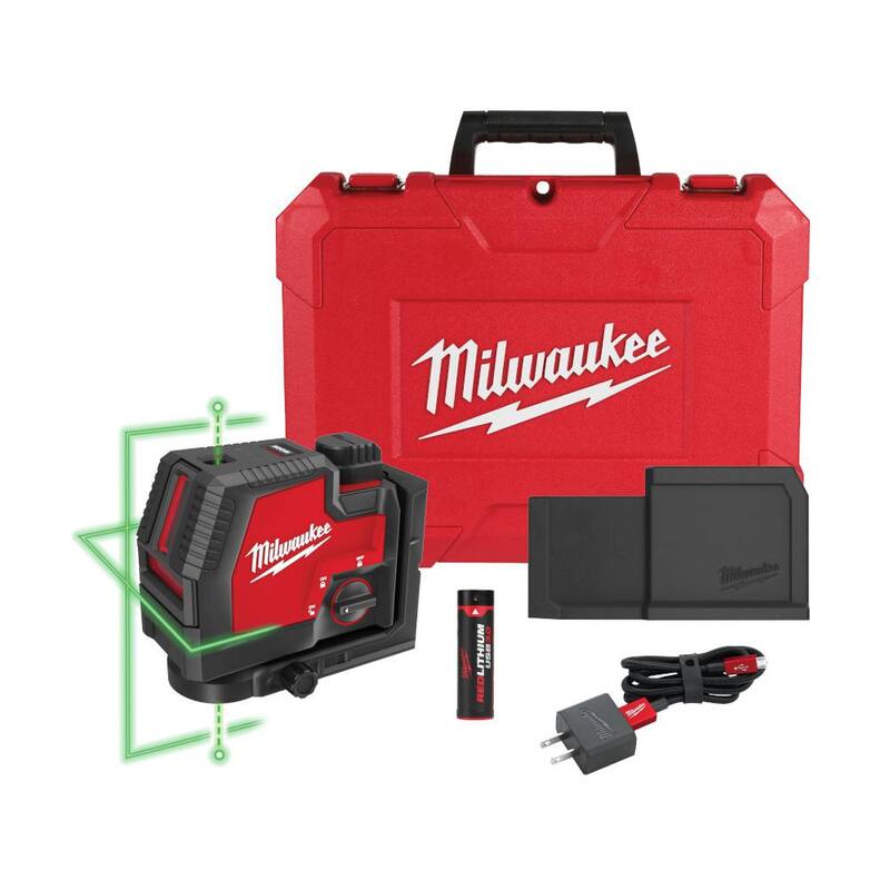 Nivel láser recargable Milwaukee Green de 100 pies con líneas cruzadas y puntos de plomada, batería USB REDLITHIUM de ion de litio y cargador - 3522-21.