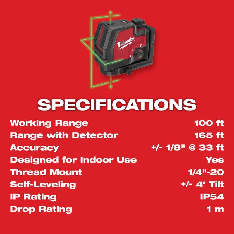 Nivel láser recargable Milwaukee Green de 100 pies con líneas cruzadas y puntos de plomada, batería USB REDLITHIUM de ion de litio y cargador - 3522-21.