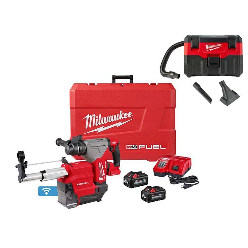 Kit de martillo rotativo inalámbrico Milwaukee M18 FUEL 18V de iones de litio sin escobillas de 1-1/8 pulgadas SDS-Plus con extractor de polvo y aspiradora húmeda/sec.