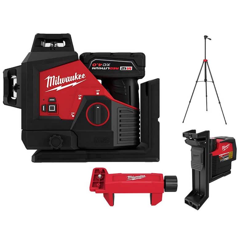 Milwaukee M12 Láser Verde de 360° en 3 Planos con Clip de Seguimiento con Tripie Ajustable de 72 pulgadas y Detector de Láser de 165 pies - 3632-21-48-35-1313-48-35-1411-48-35-1211