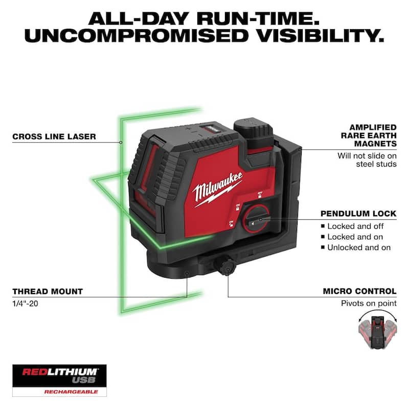 Nivel láser de línea cruzada recargable USB verde Milwaukee 100 pies REDLITHIUM de iones de litio con cargador - 3521-21