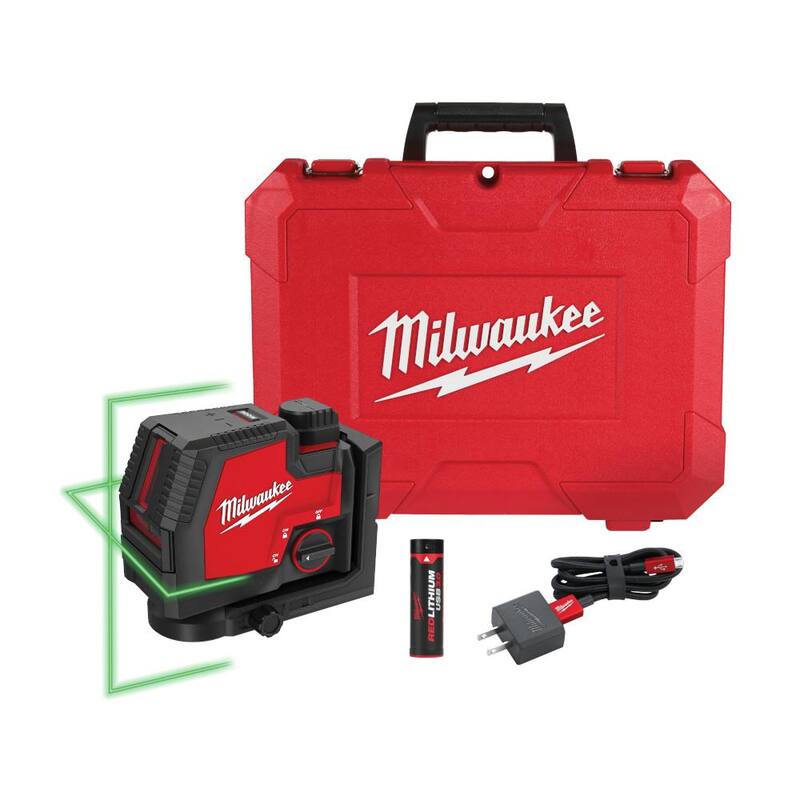 Nivel láser de línea cruzada recargable USB verde Milwaukee 100 pies REDLITHIUM de iones de litio con cargador - 3521-21
