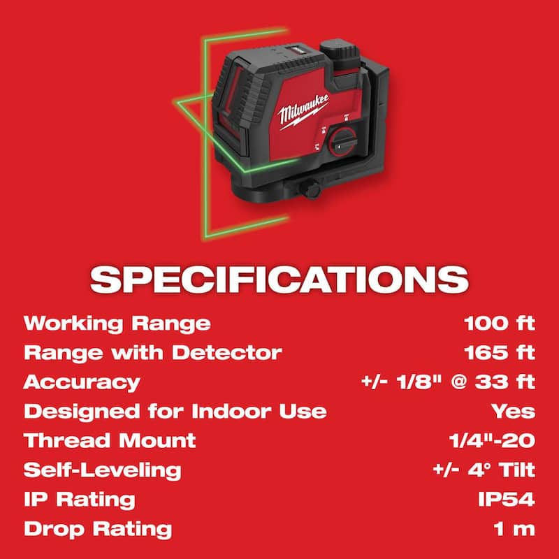 Nivel láser de línea cruzada recargable USB verde Milwaukee 100 pies REDLITHIUM de iones de litio con cargador - 3521-21