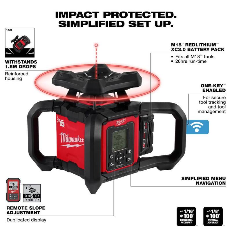 Kit de nivel láser rotativo de doble pendiente exterior con receptor y control remoto Milwaukee M18 de 4000 pies - 3704-21