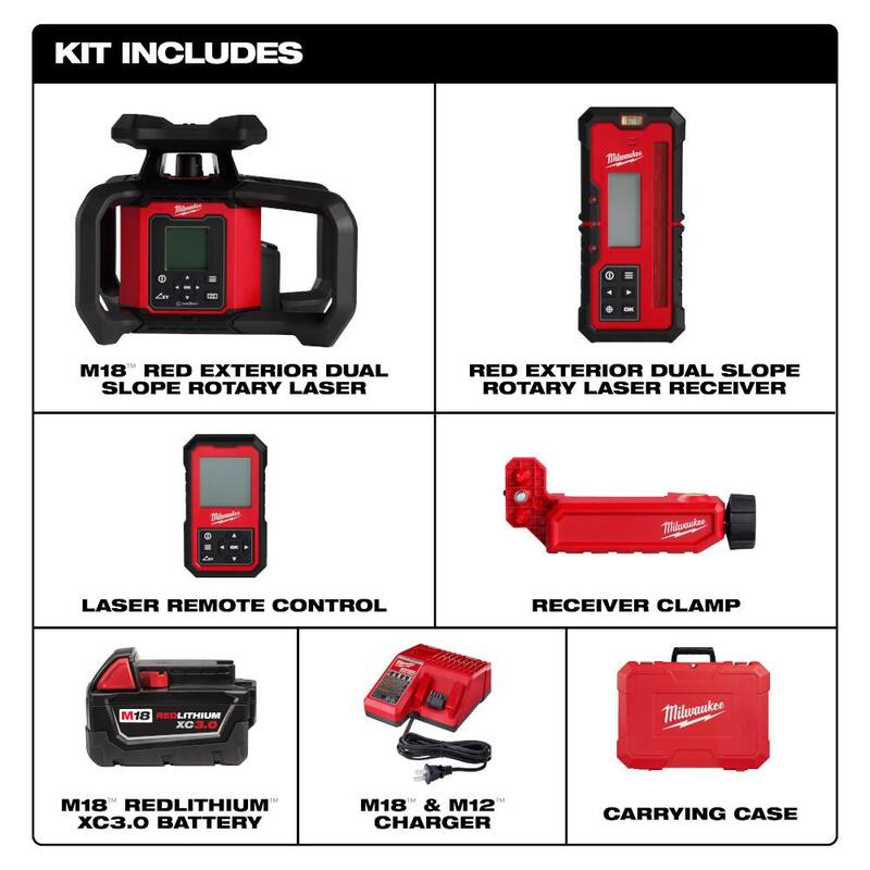Kit de nivel láser rotativo de doble pendiente exterior con receptor y control remoto Milwaukee M18 de 4000 pies - 3704-21