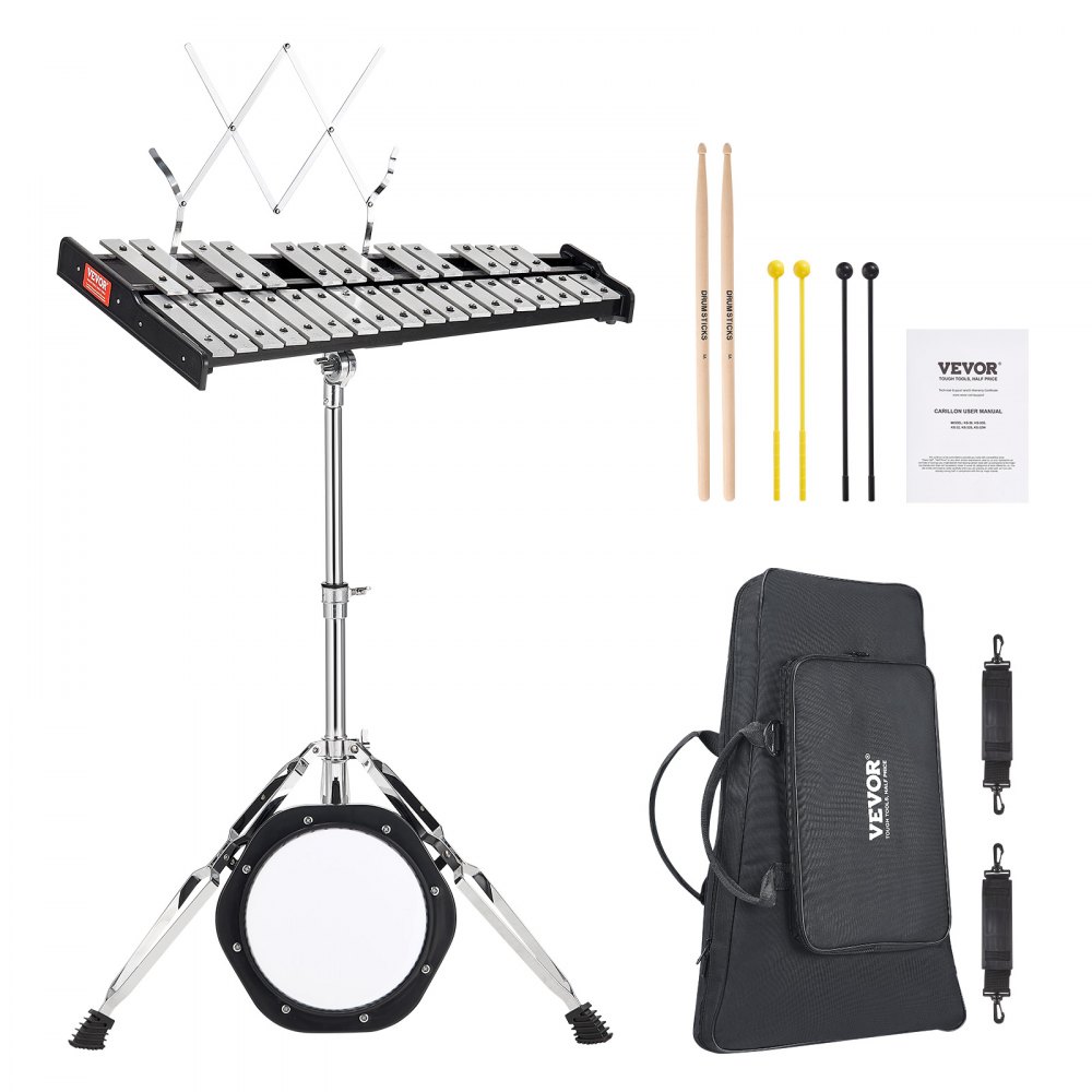 VEVOR 30 Note Glockenspiel Xylophone Bell Kit, Professional Percussion Instrument Set with Mallets, Drum Sticks, Music Stand,  8" Practice Pad, Adjustable Stand and Carrying Bag for Students & Adults - 30YFZQWZJ8LXX4BJCV0