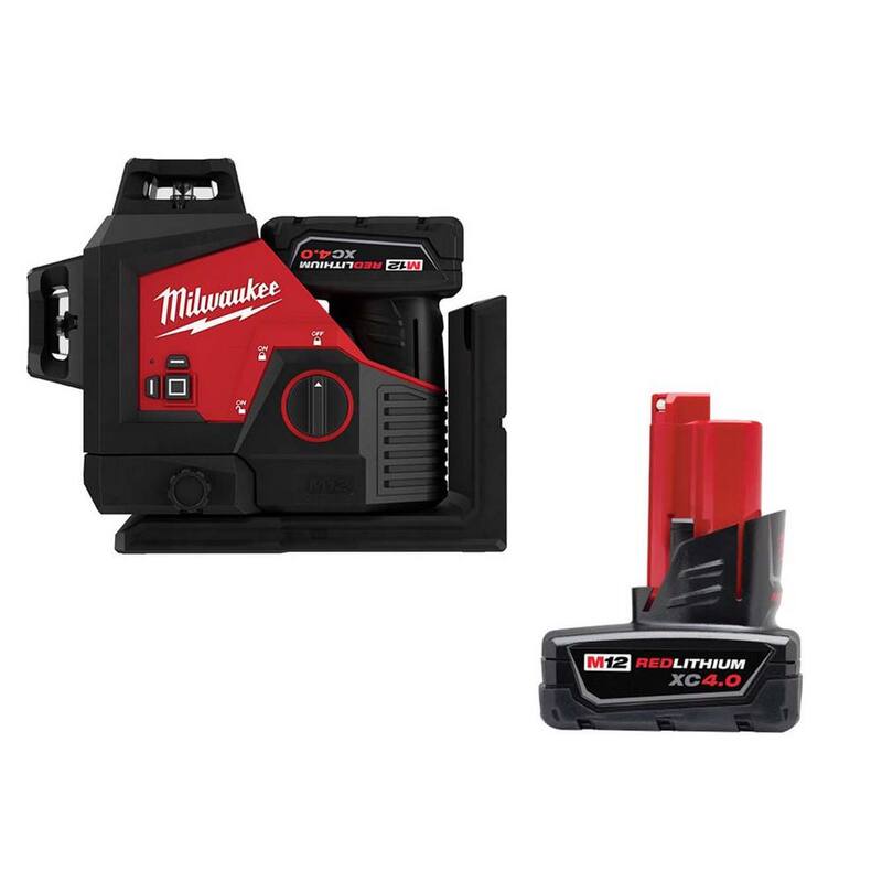 Milwaukee M12 Juego de nivel láser de tres planos verde inalámbrico de 12 voltios con batería de 4.0 Ah y batería M12 XC4.0 - 3632-21-48-11-2440.