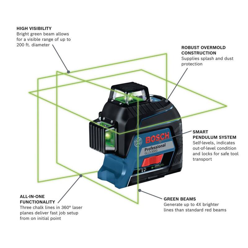 Bosch 300 ft. Verde 360 grados láser autonivelante con tecnología Visimax, Montura Plus trípode compacto con altura extensible - GLL3-300G+BT150