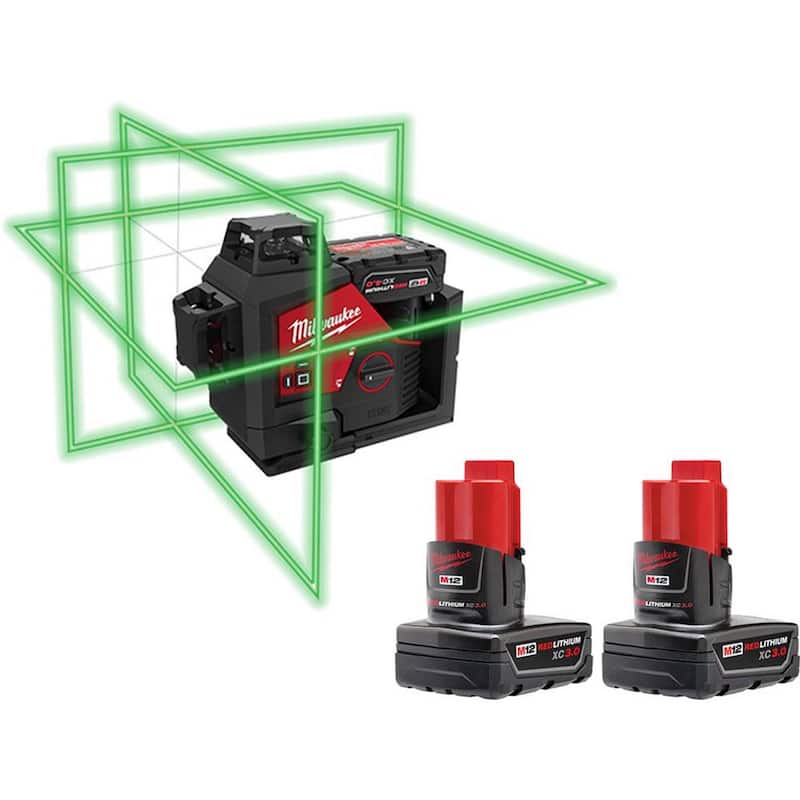 Milwaukee M12 12-Volt Lithium-Ion Cordless Green 250 ft. 3-Plane Laser Level Kit con (3) Baterías, Cargador y Estuche - 3632-21-48-11-2412