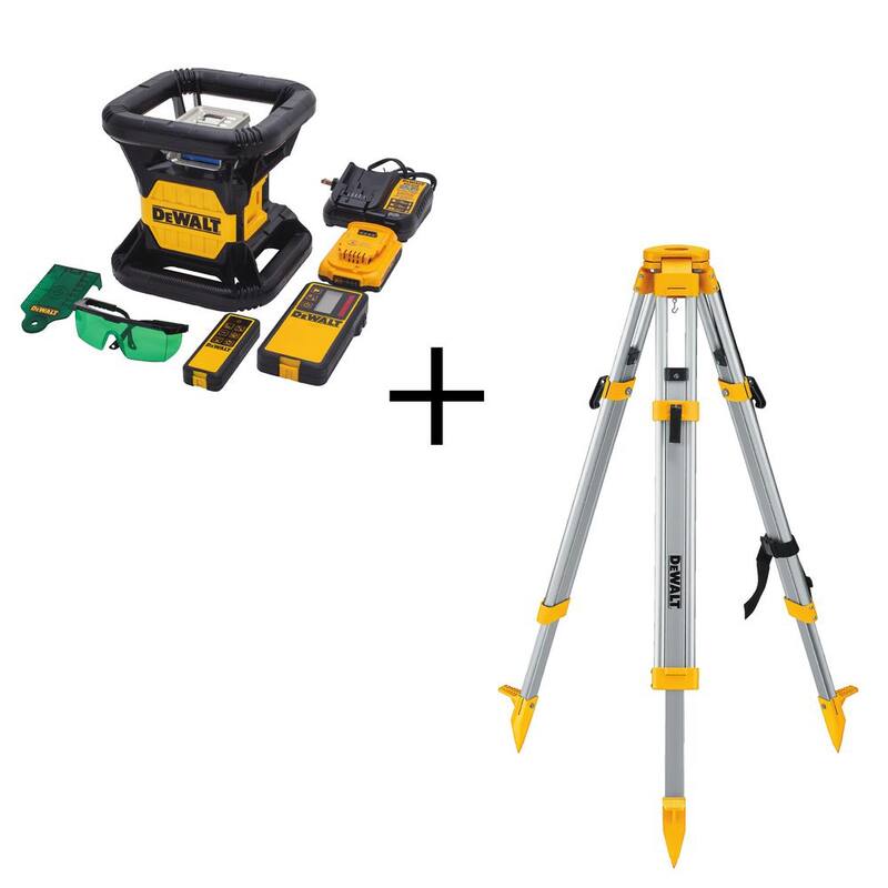 Nivel láser rotativo DEWALT 20V de litio de 250 pies en verde y trípode de construcción con batería de 2Ah, cargador y estuche TSTAK - DW079LGCS