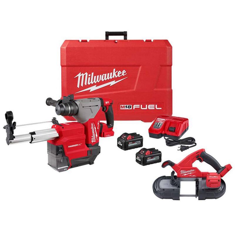Kit de Martillo Rotativo Inalámbrico Milwaukee M18 FUEL 18V con Extractor de Polvo, sin escobillas de litio-ion de 1-1/8 pulgadas y sierra de cinta compacta FUEL - 2915-22DE-2829-20.