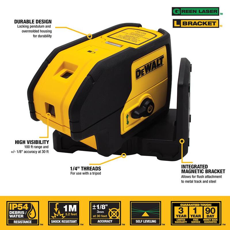 Nivel láser de tres puntos autonivelante verde DEWALT de 100 pies con (2) pilas AA y estuche - DW083CG