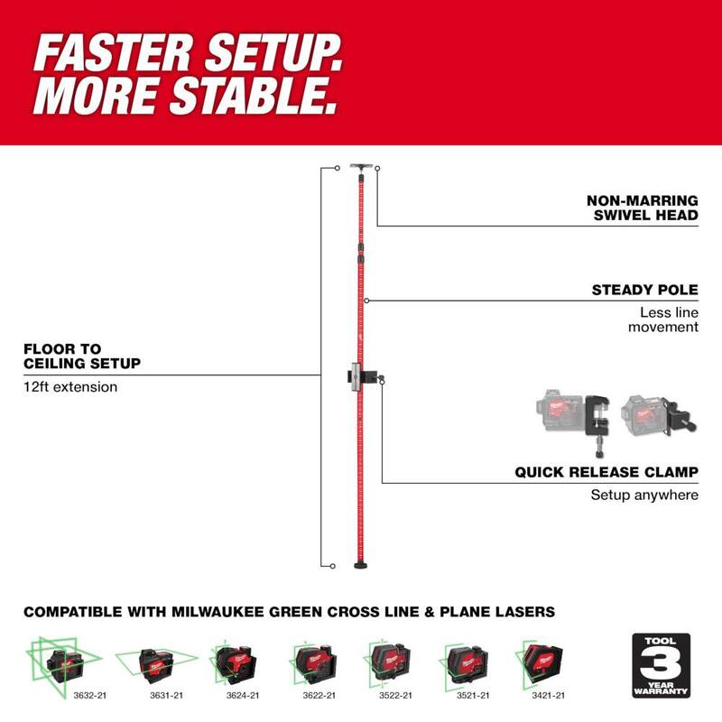 Milwaukee M12 Verde 250 ft. Kit de Nivel Láser de 3 Planos con Una Batería de 4.0 Ah y Poste Telescópico de 12 ft. - 3632-21-48-35-1511