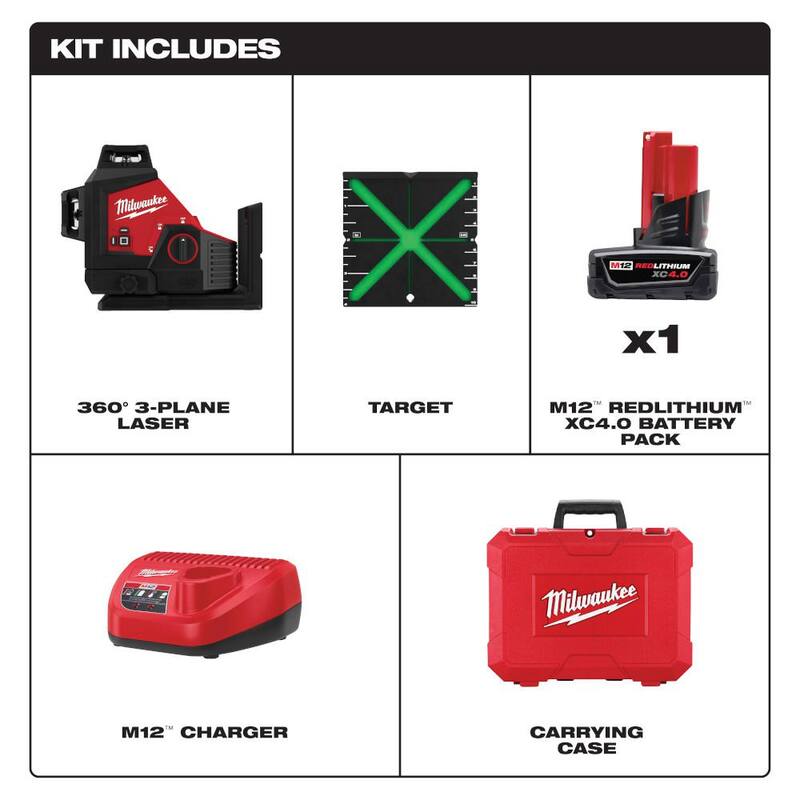 Milwaukee M12 Verde 250 ft. Kit de Nivel Láser de 3 Planos con Una Batería de 4.0 Ah y Poste Telescópico de 12 ft. - 3632-21-48-35-1511