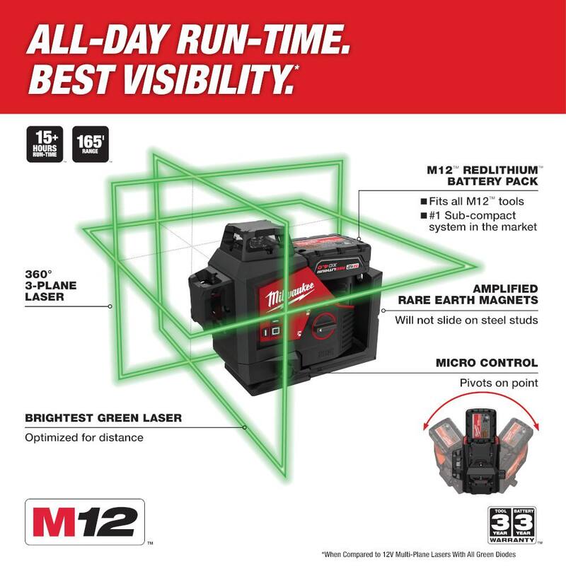 Milwaukee M12 Verde 250 ft. Kit de Nivel Láser de 3 Planos con Una Batería de 4.0 Ah y Poste Telescópico de 12 ft. - 3632-21-48-35-1511