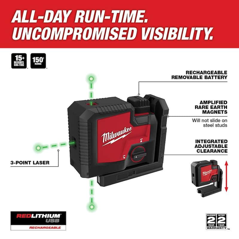 Milwaukee Verde 100 pies Nivel láser recargable de 3 puntos con batería de iones de litio REDLITHIUM USB y cargador - 3510-21
