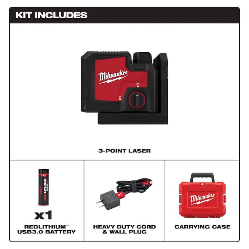 Milwaukee Verde 100 pies Nivel láser recargable de 3 puntos con batería de iones de litio REDLITHIUM USB y cargador - 3510-21
