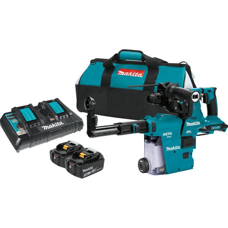 Kit de martillo rotativo inalámbrico sin escobillas de 1-1/8 pulgadas Makita 18V X2 LXT 36V con extractor de polvo HEPA AFT apto para AWS Capaz 5.0 Ah - XRH10PTW