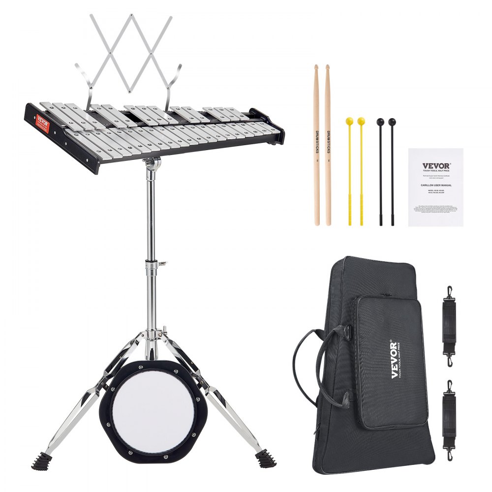 VEVOR 32 Note Glockenspiel Xylophone Bell Kit, Professional Percussion Instrument Set with Mallets, Drum Sticks, Music Stand,  8" Practice Pad, Adjustable Stand and Carrying Bag for Students & Adults - 32YFZQWZJ8LXVKTIAV0