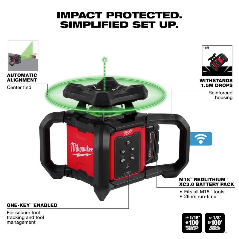 Kit de Nivel Láser Rotativo Interior Verde Milwaukee M18 de 1000 ft. con Control Remoto/Receptor y Soporte de Montaje en Pared con Trípode de Nivel Láser Rotativo - 3702-21-48-35-3700