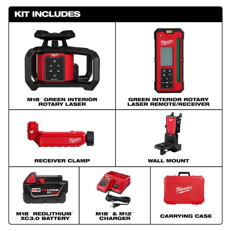 Kit de Nivel Láser Rotativo Interior Verde Milwaukee M18 de 1000 ft. con Control Remoto/Receptor y Soporte de Montaje en Pared con Trípode de Nivel Láser Rotativo - 3702-21-48-35-3700