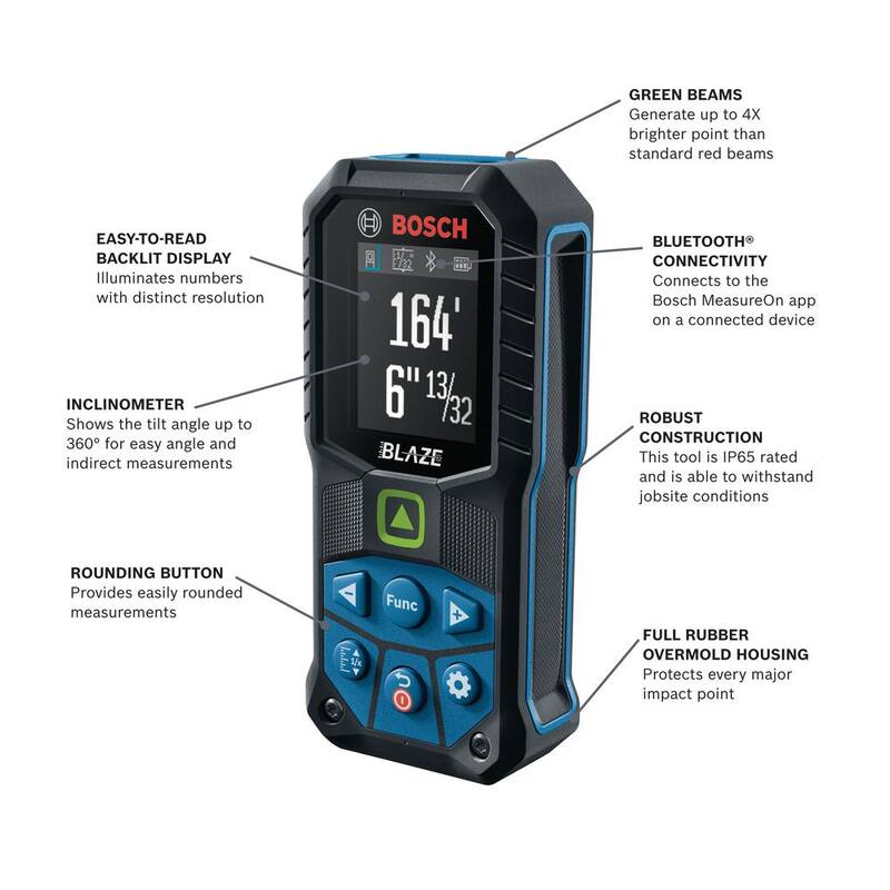 Herramienta de medición de cinta láser verde Bosch BLAZE de 165 pies, con Bluetooth y batería de iones de litio de 3.7V 1.0 Ah con carga USB - GLM16527CGLMBAT