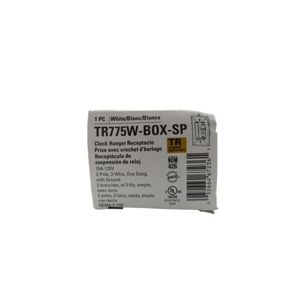 Contacto para reloj con colgador Eaton 2P 15A 125V blanco 3 cables Resistente a manipulaciones - TR775W-BOX-SP